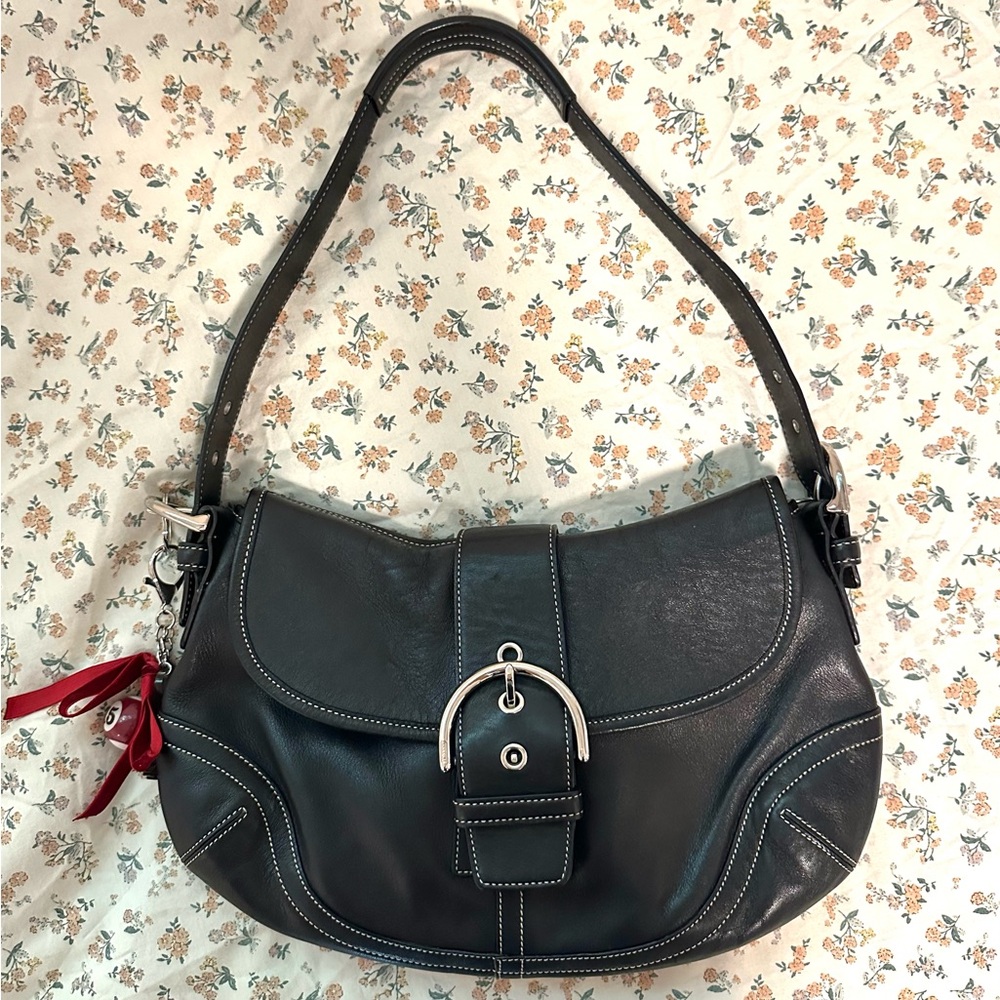 Coach Black Leather Shoulder Bag with Red Accent